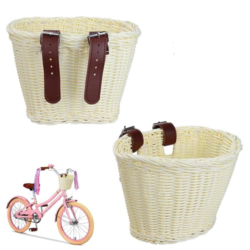 HYAVIA 2 Pack Kids Bike Baskets for Woman Handwoven Cycling Basket Bicycle Front Handlebar Plastic Cargo Basket for Girls Child with Leather Straps Easy Install Detachable, 15×17×21cm