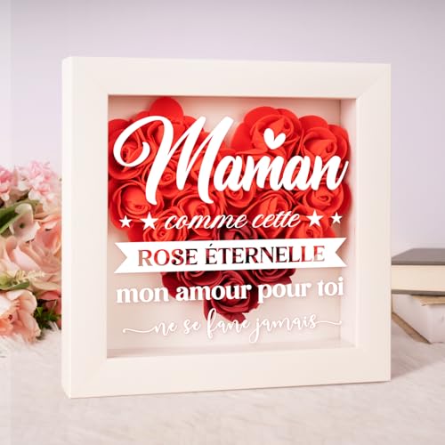 Cadeau Parfait pour Maman, Cadeau Anniversaire Maman, Cadeau Maman Original - Cadre à Fleurs Éternelles en Forme de Cœur, Idée Cadeau de Roses à Maman pour Noël et la Fête des Mères