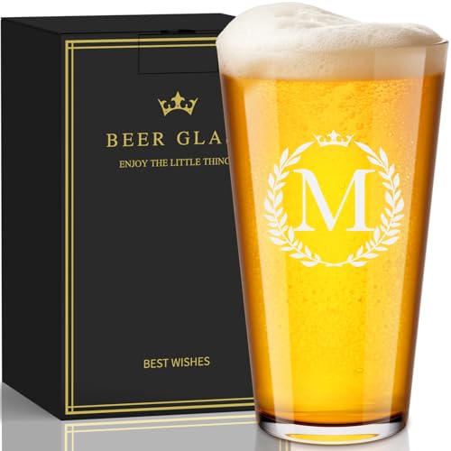 Fathers Day Birthday Gifts for Husband Dad Grandpa, Personalized Beer Glasses Gifts for Men, 16 oz Monogrammed A-Z Drinking Glass Cups, Birthday Gifts for Men Him Dad Brother Husband Grandpa (M)