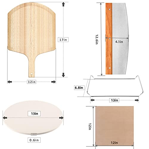 5 Pcs Round Pizza Stone Set, 13" Pizza Stone For Oven And Grill With Pizza Peel(Oak),Serving Rack, Pizza Cutter & 10Pcs Cooking Paper For Free, Baking Stone For Pizza, Bread #TOP1