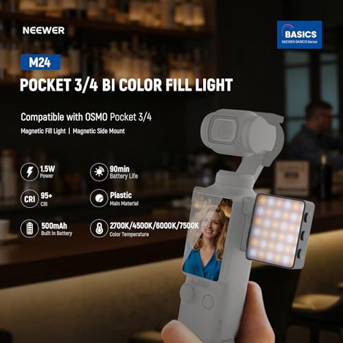 Image of NEEWER Basics Bi Color Magnetic Camera Auxiliary Light Compatible with DJI OSMO Pocket 4 & 3, 1.5W Rechargeable Plastic Mini LED Fill Light Attachment for TikTok Vlog Selfie Video Recording, M24