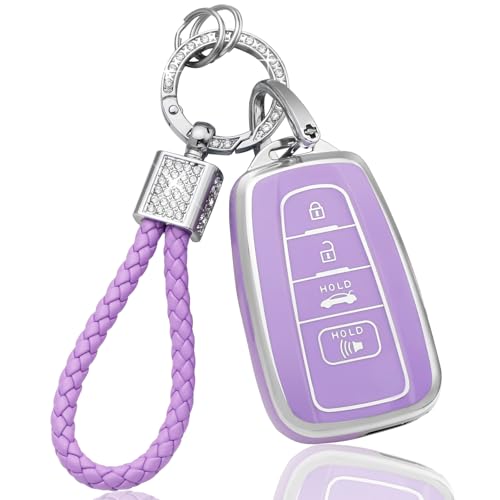 PIFOOG Key Fob Cover for Toyota with Bling Keychain, Purple Car Key Case Shell Protector for Highlander Corolla Pirus RAV4 Camry 4Runner C-HR Avalon 4 Button Accessories Girly Women TPU