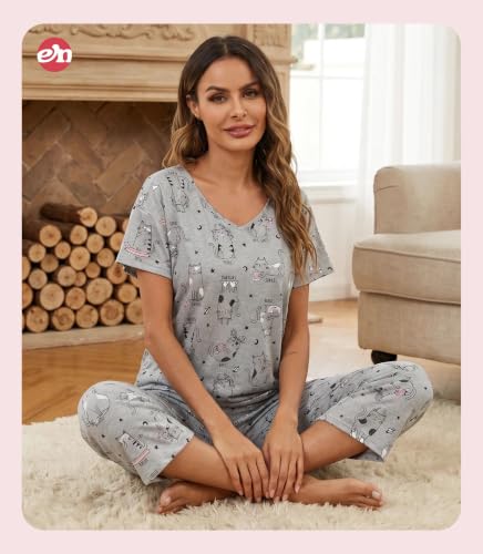 Image of ENJOYNIGHT Womens Pajama Sets Cotton Pj Set Short Sleeve Top With Capri Pants Sleepwear 2 Piece Lounge Set