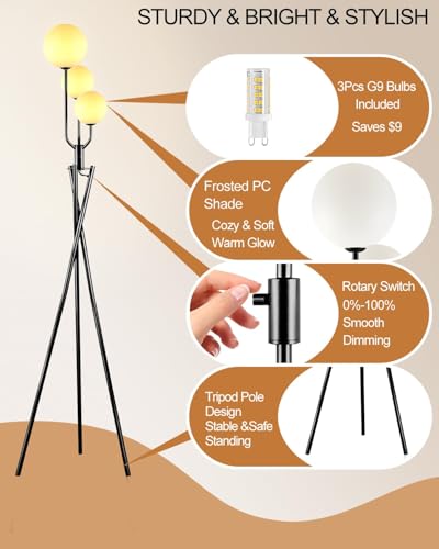 Image of Lightdot Black Tripod Floor Lamp 3 Pole Vintage Standing Lamps with Stable Base& 3Pcs Globe 3000K Warmwhite Bulbs Included Mid Century Modern Floor Lamp for Living Room /Sofa Beside /Corner Decor