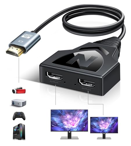 HDMI Splitter 1 in 2 Out, 4K HDMI Cable Splitter Mirror Display (Not Extend) One Male to Dual Female Support Different Size TV Copy Input Screen Sync Up, 1 to 2 Way for TV, 3D Full HD1080P (Black)