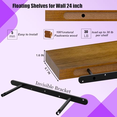 Image of IAE Walnut Floating Wall Shelves 24 inch, Bathroom Shelf Wall Mounted,Invisible Shelf Floating Kitchen Shelves,Wooden Wall Shelving with Brackets for Living Room Wall Mounted,Easy Install,Set of 2