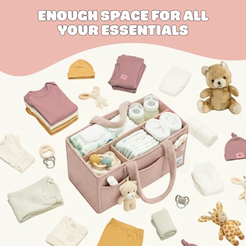 Image of OCEANEVO Cute Fur Diaper Caddy Organizer Bag WITH Luggage Tag AND Bear Charm, Baby Basket Essentials for Newborn Baby Products Storage with Compartments and Handle - 38 x 25 x 18 cm - Model 3 - Pink