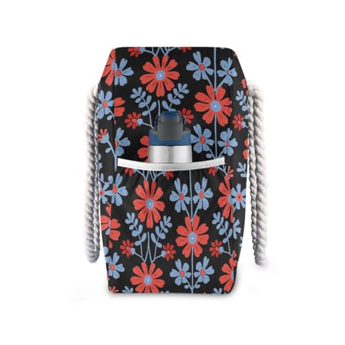 Red and Blue Flowers Black Sturdy Travel Duffel Bag, Sports with side pocketes Rubber Beach Bag with cup holders on the side3