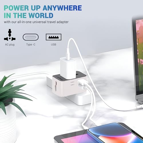 Image of Embox Universal Travel Adapter | All-in-One Worldwide Charger Adapter with Type C, USB & Type A Ports | Supports 224+ Countries | International Plug for Phone, Laptop, Gadgets (100-250V, White)