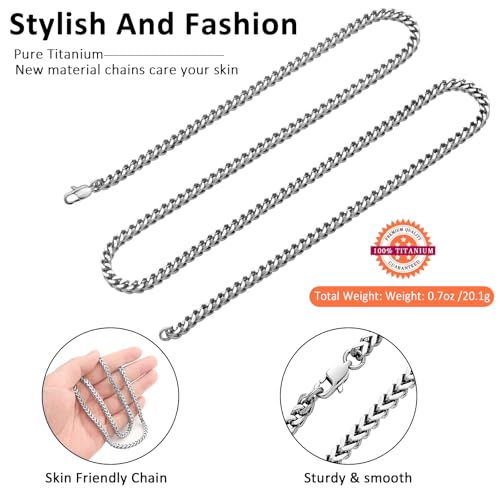 SanThree 4mm Solid Pure Titanium Necklaces for Men Women 4-Side Square Keel Twist Link Chain, Welded Finely Polished Shinny No Allergic Necklace for Anniversaries Birthday Jewelry Gifts, 25.6"4