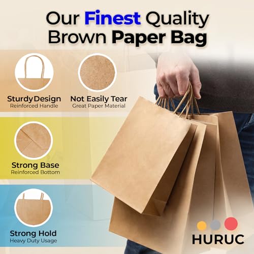 HURUC 30 Pcs Brown Paper Bags With Handles,130GSM Large Paper Gift Bags, Eco-Friendly Kraft Shopping Carrier, Christmas, Easter, Birthday Parties & Merchandise Retail 25x31x12cm