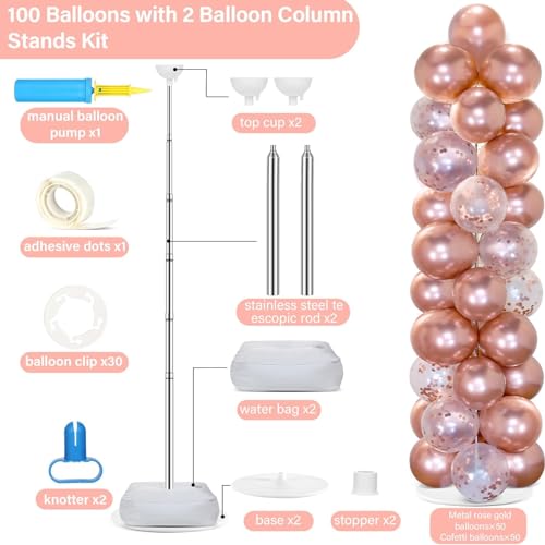 Image of 2 Sets Rose Gold Balloon Column Stand Kit with 100 Balloons Graduation Adjustable Tower Stand with Bases Floor Rose Gold Confetti Balloon Column Bridal Shower Bachelorette Birthday Wedding Party Decor