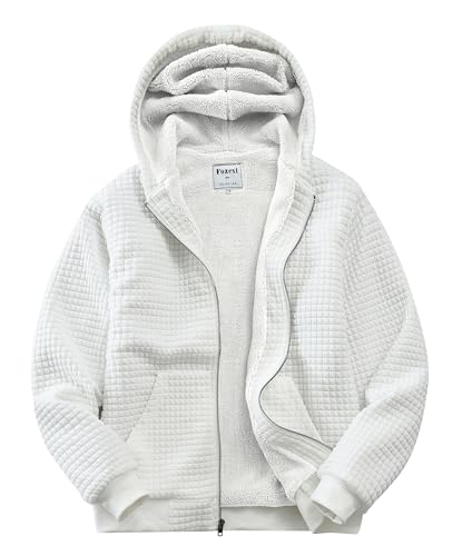 Fozexi Mens Zip Up Hoodies Casaul Long Sleeve Drawstring Sherpa Jacket Waffle Knit Hooded Sweatshirt with Kanga Pocket White X-Large