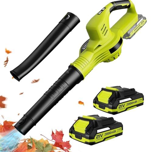 Soffiatore e trituratore di foglie elettrico 2 in 1, senza fili, con batteria da 21 V e caricabatterie, velocità 15.000 g/min, per la cura del prato e la rimozione della neve (2 batterie di tipo B)