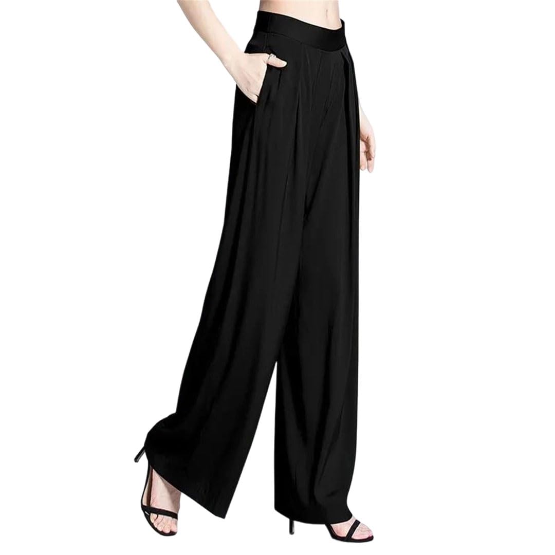 Générique Pantalon Femme Taille Haute en Soie – Jambe Large Longue, Coupe Droite, Idéal Été pour Bureau Et Quotidien(Black,Large)