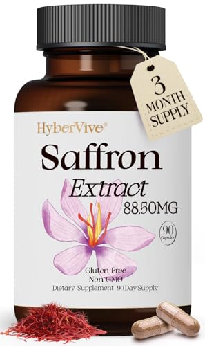 HyberVive Saffron Supplements 88.5MG | 90 Vegan Capsules, Happy Saffron Extract for Mood Energy Eye Focus Support for Women & Men, 100% Pure Ingredients, Made in USA, Non-GMO & Gluten-Free
