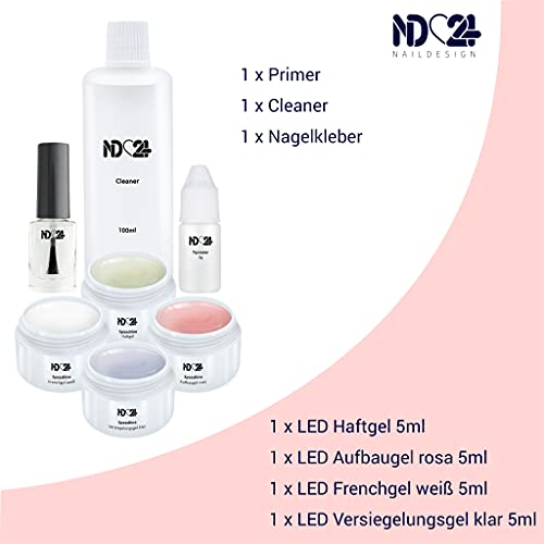â Gelnägel Starter Set Basic mit LED Haftgel, Aufbaugel, Frenchgel, Versiegelungsgel, LED-Lampe & Zubehör â 16-teiliges Komplettset für Anfänger geeignet â LED Gele Made in Germany – Bild 3