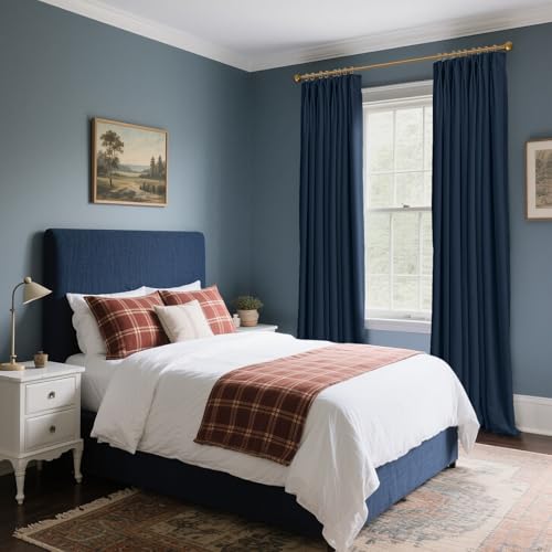 Pinch Pleated Blackout Curtains 84 Inch Long, Linen Blend, 100% Blackout Drapes with 20 Hooks, Ideal for Bedroom and Living Room, 40" W x 84" L (Pack of 2), Navy Blue