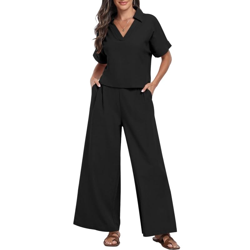 LCDIUDIU Conjuntos Dos Piezas Mujer,Conjunto De Pantalones De Pierna Ancha De 2 Piezas para Mujer,Camiseta Negra con Cuello En V Y Mangas Cortas Enrolladas,Top Corto con Cintura Elástica,Pantalones
