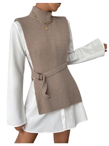 Image of Verdusa Women's Split Belted Sweater Vest High Neck Sleeveless Pullover Top Khaki Small