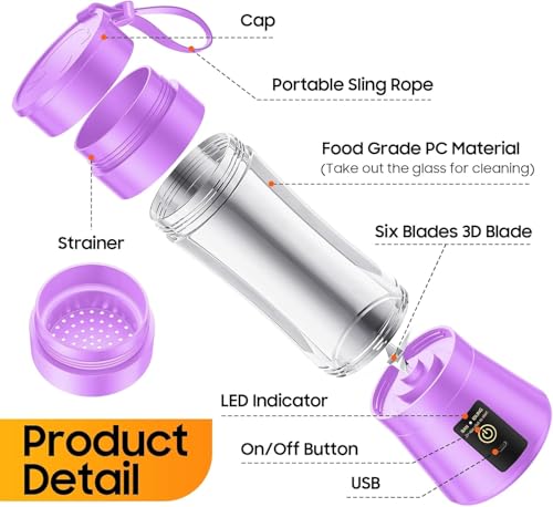 Image of Xapiaxa Portable 450 ml Blender 6-Blade - USB Rechargeable Personal Smoothie Maker, Juicer Cup, BPA-Free Travel Mixer (Multicolor)