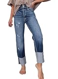 Sidefeel Women's Jeans Spring Outfit 2025 Ripped High Waisted Mom Jeans Boyfriend Straight Leg Cuffed Denim Pants Blue Size 8