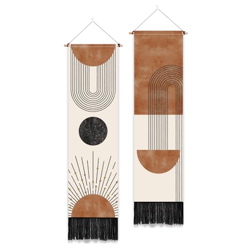 PLIGREAT 2 Pack Tapisserie de style bohème avec glands, esthétique géométrique Tenture murale Tapisserie d’art verticale pour chambre à coucher Salon...