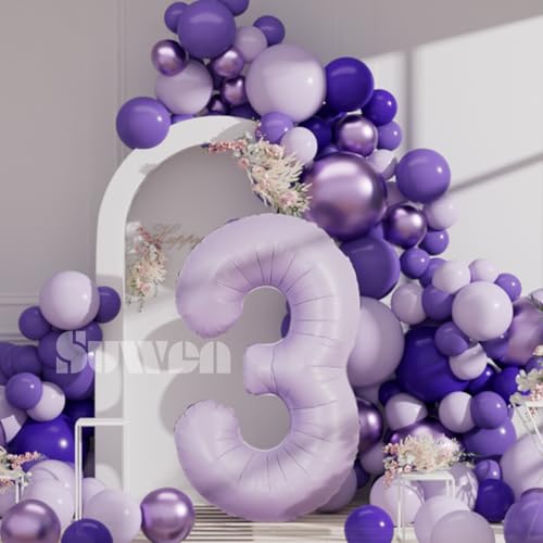 Image of SUWEN 40 Inch Light Purple Lavender Big 3 Balloon Number Foil Helium 0-9 | 3rd Large Giant Birthday Huge Mylar Jumbo Happy Party Anniversary Decorations