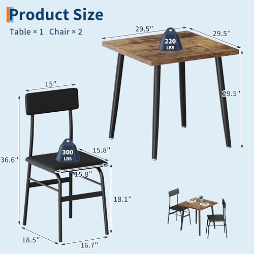 Image of IDEALHOUSE Small Dining Table Set for 2, 3 Piece Kitchen Table Set with 2 Upholstered Chairs, Breakfast Table for Samll Space, Dining Room, Apartment, Restaurant, Rustic Brown