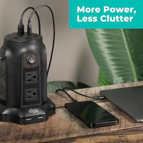 image for KMC Power Strip Tower with USB Ports (4 USB-A), 8 Outlet Tower, 6ft Lo