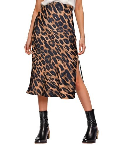 Image of Amy Babe Womens Satin Silk High Waist Slit Midi Skirt Long Skirts for Women | Elastic Waistband, Side Split, Midi Length, Below the Knee, Silky Fabric, Elegant, Fall Winter Outfits