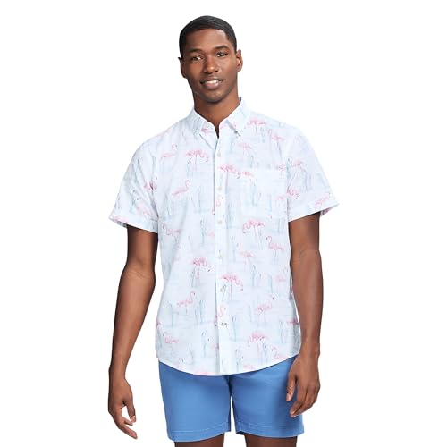 Izod Men's Saltwater Dockside Short Sleeve Button Down Shirt, Bright White Flamingo, Small