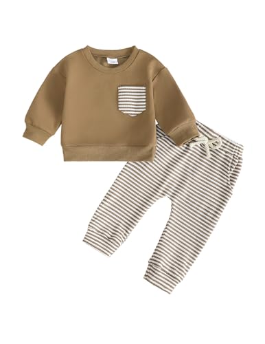 UUAISSO - UUAISSO Ensemble Vêtements pour Bébé Garçon Sweat-shirt rayé à Manches Longues Haut et Pantalon Vêtements Gaufrés D'automne Bébé Garçon marron 18-24 mois - -9%