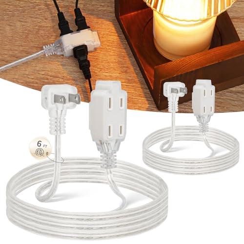 PEESIN 2 Pack Clear Extension Cord 6 Feet Indoor Thin Flat Plug Extension Cord 3 Outlet Invisible 2 Prong Power Cord for Behind Furniture Holiday Decor Tight Spaces UL Listed Wire 18 AWG 125V 7A