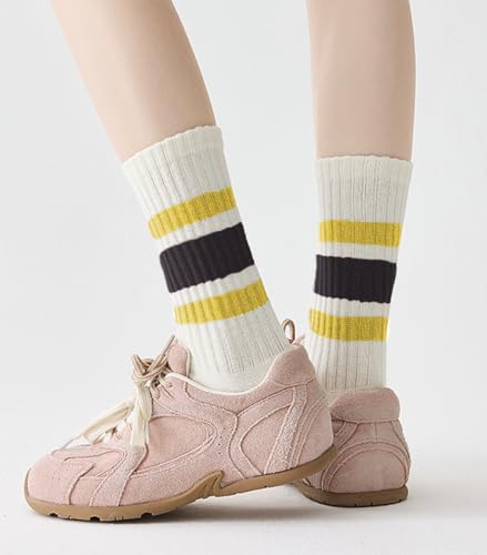 Image of 3 Pairs Women Striped Tube Socks Fun Novelty Cute Crew Socks Retro Sport Mid-Calf Socks for Women Grils