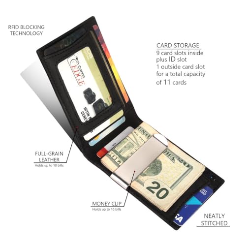 THE CLASSE-Top Grain Leather Money Clip Wallet for Men| Premium RFID Blocking Technology| Slim Bifold Design 11 Card Holder With Gift Box Included (Jet Black)3