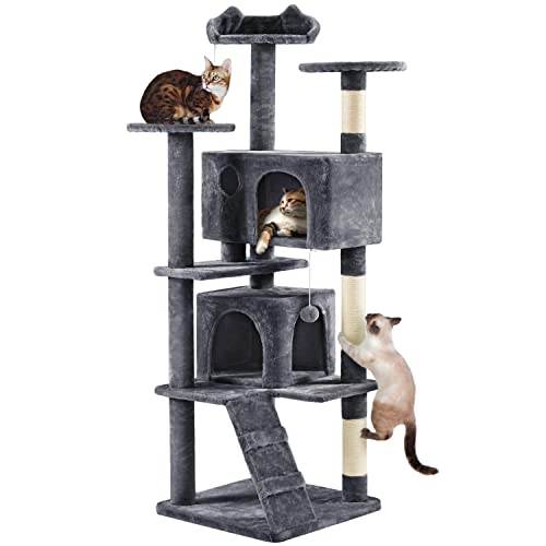 Yaheetech Arbre à Chat XXL 178 cm, Arbre à Grimper avec 2 Niches 3 Plateformes 2 Boules en Sisal Multi-Niveaux Idéal pour 3-4 Chats, Gris Foncé