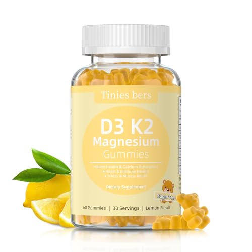 Magnesium Glycinate Gummies 500mg, D3 K2 Magnesium Gummies for Adults Kids, Highly Absorbent Support Calcium & Bone, Stress & Muscle Relief, Immune, Non-GMO, Gluten-Free, Vegan, Sugar Free, Lemon, 60