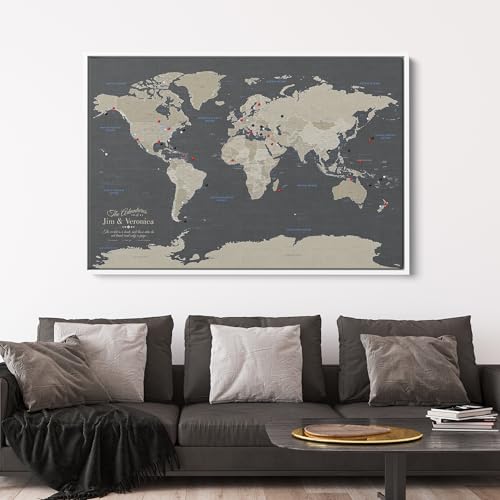 Image of Earth Tone World Map with Pins - Personalized Canvas Push Pin Map - Framed World Travel Wall Decor - White Float Frame - 30 inch x 45 inch
