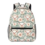 TRYYN Mochila casual floral de porco, mochila leve para laptop, mochila de flores e animais para mulheres, meninas e adolescentes, linda bolsa de livros de poliéster com desenho animado para escola