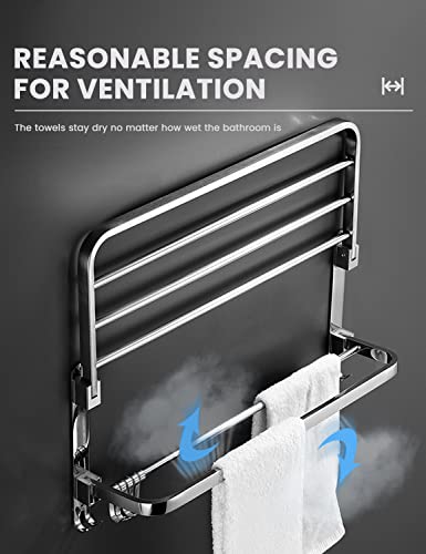 Ikitchen Towel Racks For Bathroom, Foldable Stainless Steel Towel Holder Wall Mounted With 7 Hooks, Bathroom Shelf With Towel Bar 23Inch Polished Silver #TOP6