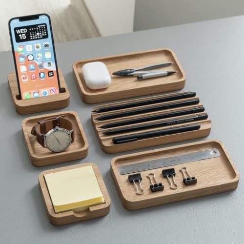 Image of Wooden Desk Organizer with Phone Stand, Multi-Compartment Stationery Holder, Natural Wood Finish (STYLE-4)