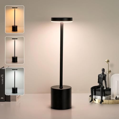 LED Table Lamp, Touch Control Dimmable Night Light, USB Rechargeable Cordless, 3 Color Changing, Table Lamp for Bedroom Desk Office (Black)