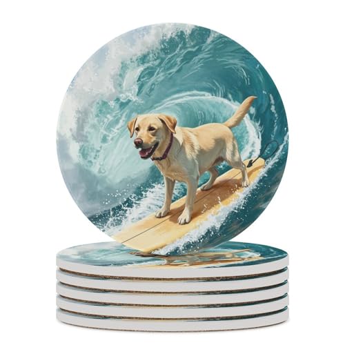 コースター セラミック サーフィンするラブラドール 6枚セット カップマット お茶パッド 茶托 断熱パッド 耐熱 滑り止め おしゃれ 贈り物