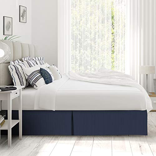 Image of Nestl Full Size Bed Skirt - Damask Dobby Stripe Wrap Around Bed Skirt Full Size - Double Brushed Microfiber 14 in Tailored Drop Pleated Bed Ruffle with Bed Skirt Pins - Navy