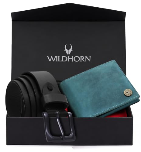 Image of WildHorn Gift Hamper for Men I RFID Protected Leather Wallet & Belt Combo Gift Set I Gift for Friend, Boyfriend,Husband,Father, Son Etc (Black & Blue Hunter)