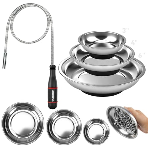 4 Pack Telescoping Magnetic Pickup Tool with 3in 4in 6in Magnetic Parts Trays Magnet Flexible Spring Stick Magnet Retrieving Sweeper for Nail Screws & Metal Debris Workshop Garage