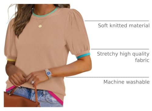 Image of Yousify Womens Puff Short Sleeve Sweater Top Summer Trendy Crew Neck Casual T Shirts Blouses