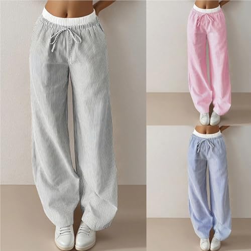 Women's Linen Wide Leg Pants Casual High Waist Striped with Pockets Daily Fit Jogging Sweatpants Petite Body Pants4