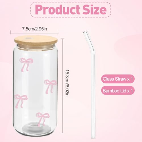 Leseogye Bow Glass Cup Set, Pink Bow Glass Cup with Lid and Straw, 16 Oz Cute Tumbler with Glass Straw and Wood Lid, Aesthetic Gifts for Women Girls Friends - Image 4